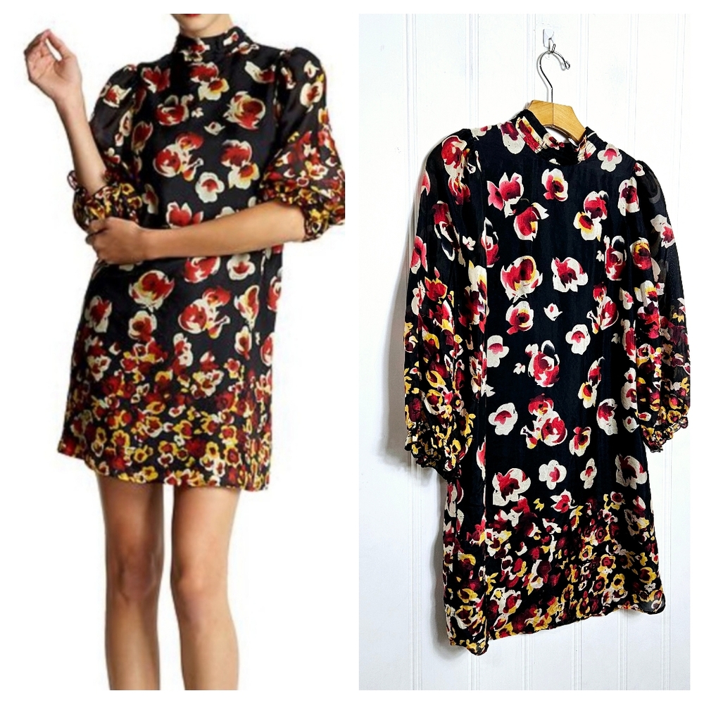 Aryn K. Silk Floral Mini Dress Womens Black Multi Balloon Sheer Sleeve Size S